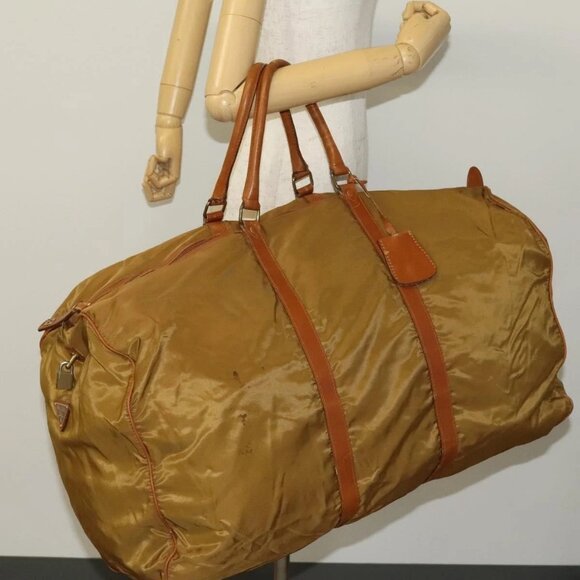 PRADA Boston Bag Nylon Leather Brown Gold Auth - Picture 1 of 16